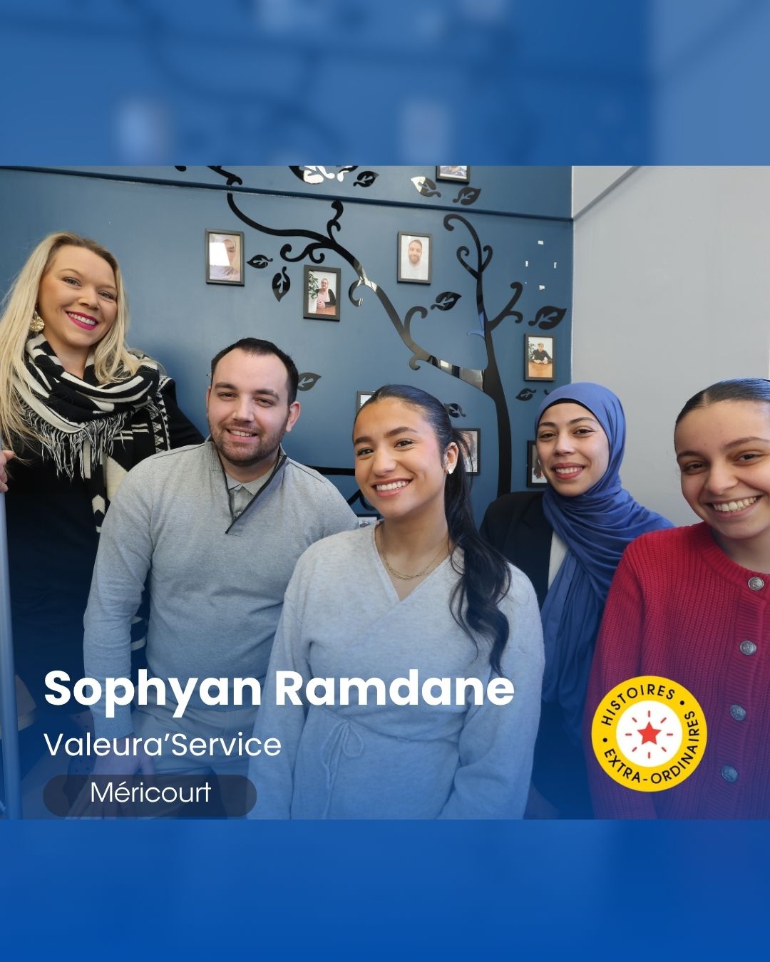 Portrait de Sophyan Ramdane, fondateur de Valeura'Service à Méricourt, entouré des plusieurs employées, dans le local de l'entreprise.