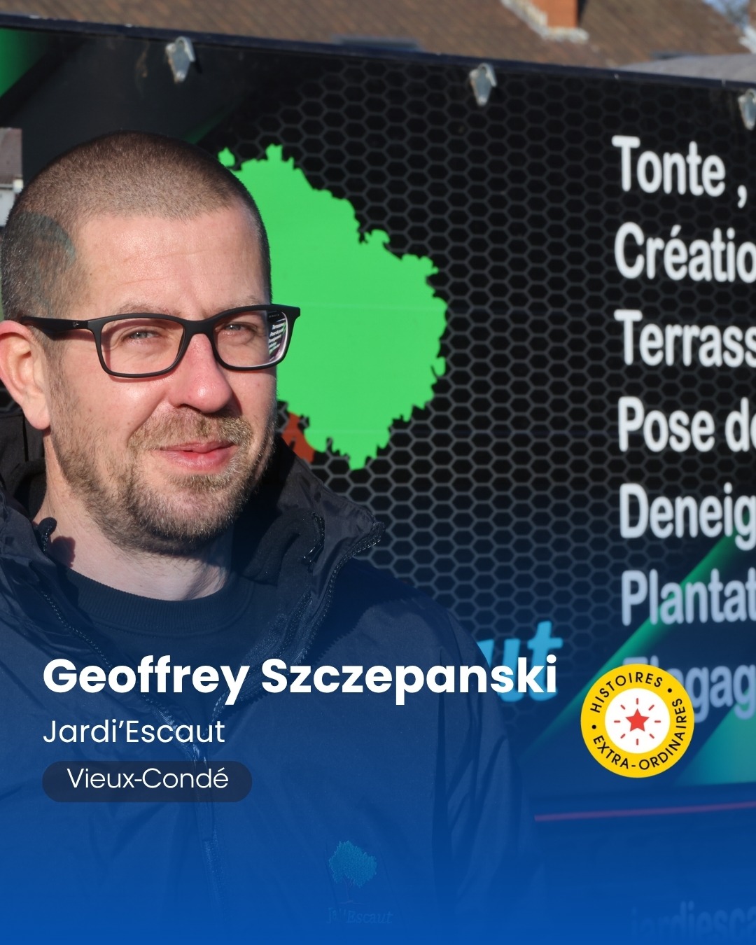 Portrait de Goeffrey Szczepanski, le fondateur de Jardi'Escaut à Vieux Condé devant son véhicule d'entreprise